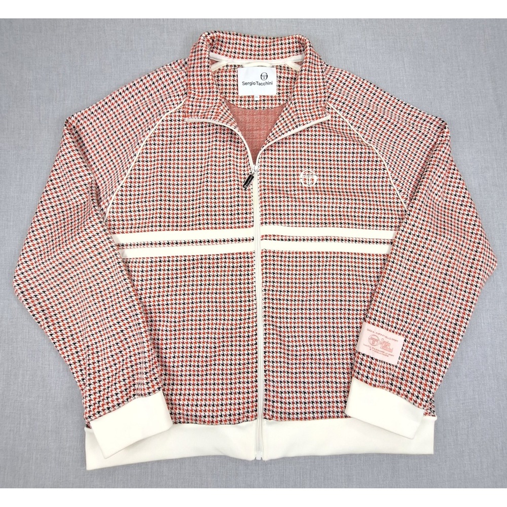 Sergio Tacchini Mens Houndstooth Track Jacket Red Black White 2XL Full Zip